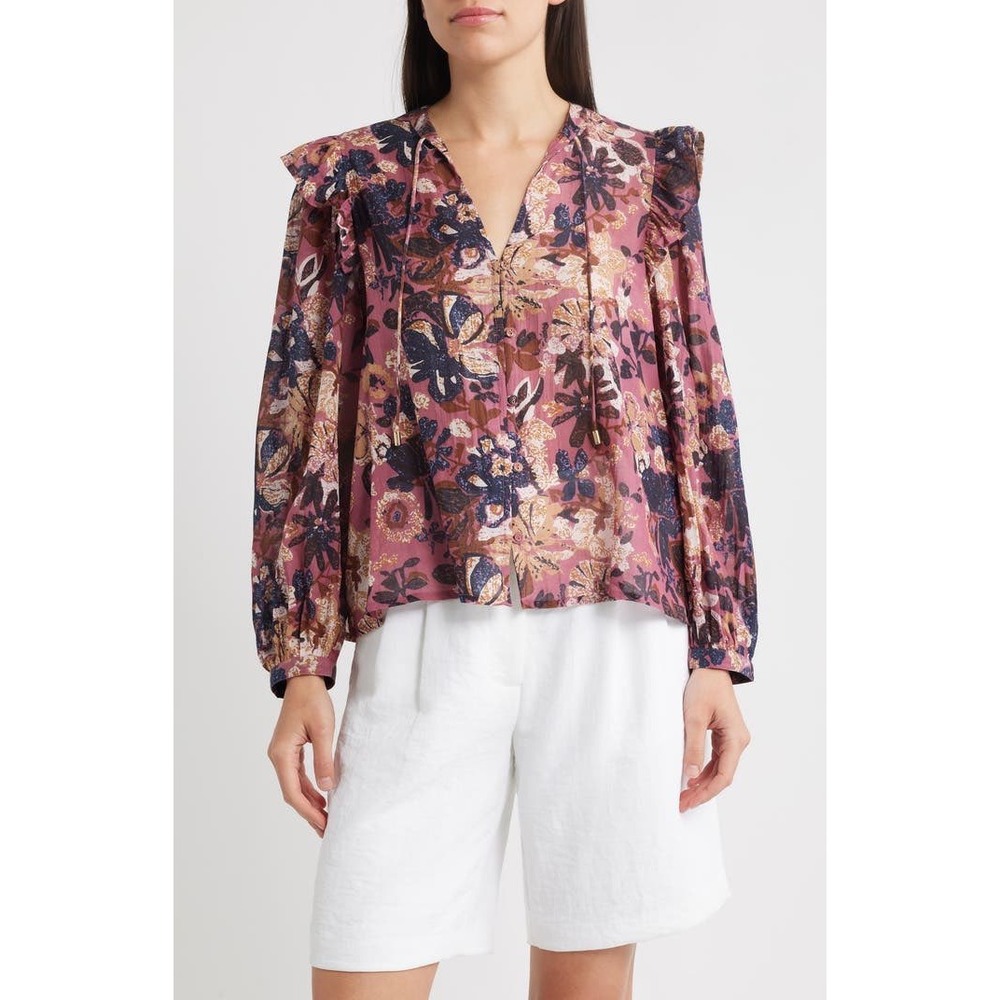 Cleobella Pink‎ Floral Ruffle Shoulder Blouse V-Neck Tassel Tie Top Small